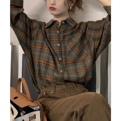 ミニミニストア miniministore クラシカル格子柄 ゆるシルエットブラウス （キャメル）｜詳細画像
