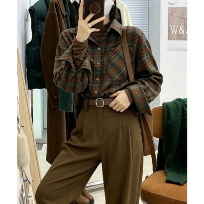 ミニミニストア miniministore クラシカル格子柄 ゆるシルエットブラウス （キャメル）｜詳細画像