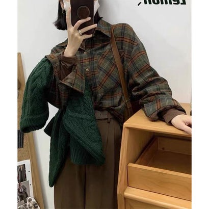 ミニミニストア miniministore クラシカル格子柄 ゆるシルエットブラウス （キャメル）｜詳細画像