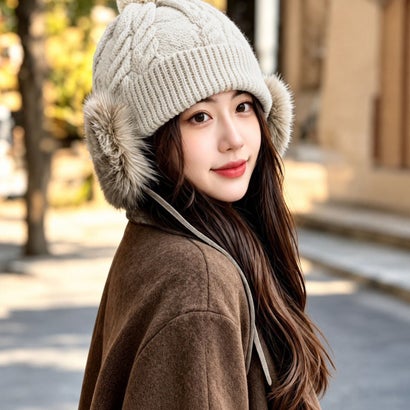 耳当て付きファーポンポンケーブルニット帽 （アイボリー）｜詳細画像