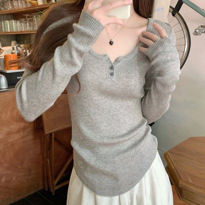 ミニミニストア miniministore ヘンリーネックリブニット 韓国風トップス （イエロー）｜詳細画像