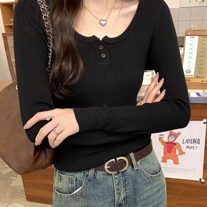 ミニミニストア miniministore ヘンリーネックリブニット 韓国風トップス （イエロー）｜詳細画像