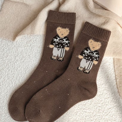 ベアモチーフ ジャカード編みミドル丈靴下 （ライトベージュ）｜詳細画像
