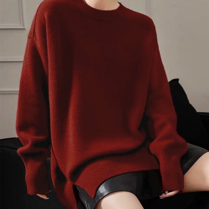 裾スリットゆったりニットセーターきれいめ （ブラック）｜詳細画像