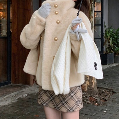 ミニミニストア miniministore ダブルボタンファージャケットブルゾン冬服 （ベージュ）｜詳細画像