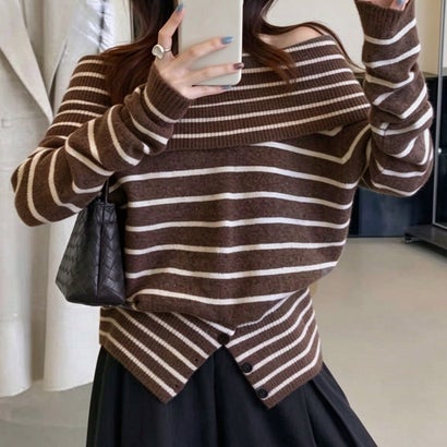 オフショルダーボーダーニット裾ボタン秋服 （ホワイト）｜詳細画像