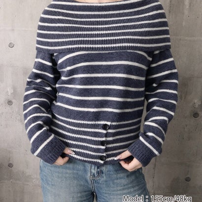 オフショルダーボーダーニット裾ボタン秋服 （ブラウン）｜詳細画像