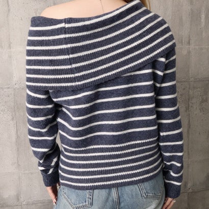 オフショルダーボーダーニット裾ボタン秋服 （ブラウン）｜詳細画像