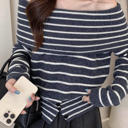 オフショルダーボーダーニット裾ボタン秋服 （ブラウン）｜詳細画像