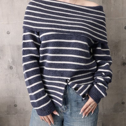 オフショルダーボーダーニット裾ボタン秋服 （ネイビー）｜詳細画像