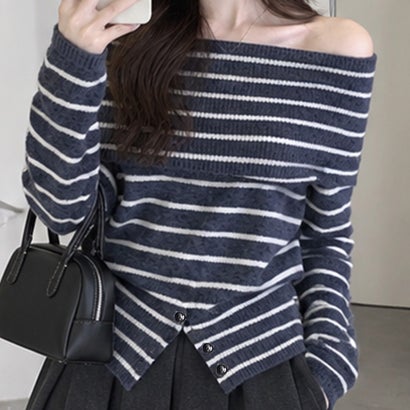 オフショルダーボーダーニット裾ボタン秋服 （ネイビー）｜詳細画像