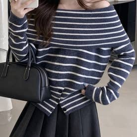 オフショルダーボーダーニット裾ボタン秋服 （ネイビー）
