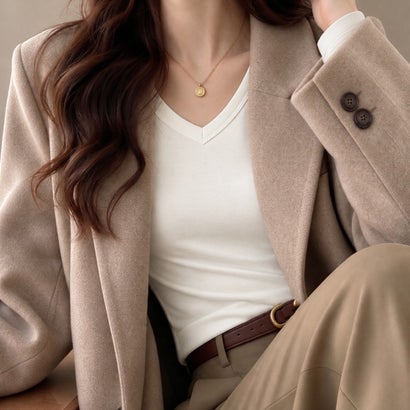 Vネック長袖カットソー韓国風コンパクトT （カーキブラウン）｜詳細画像
