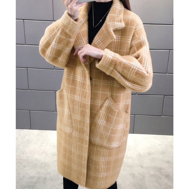 チェック柄シャギーロングチェスターコート （キャメル）