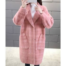 チェック柄シャギーロングチェスターコート （ピンク）