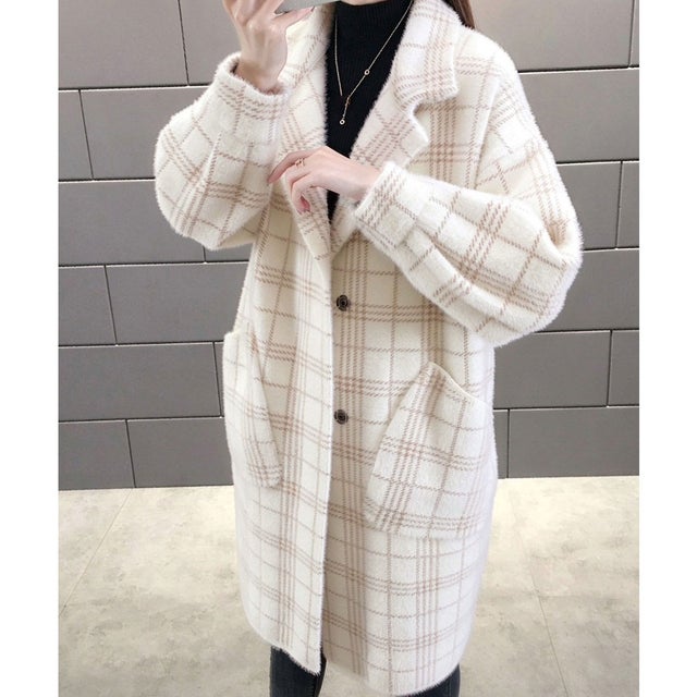 チェック柄シャギーロングチェスターコート （アイボリー）