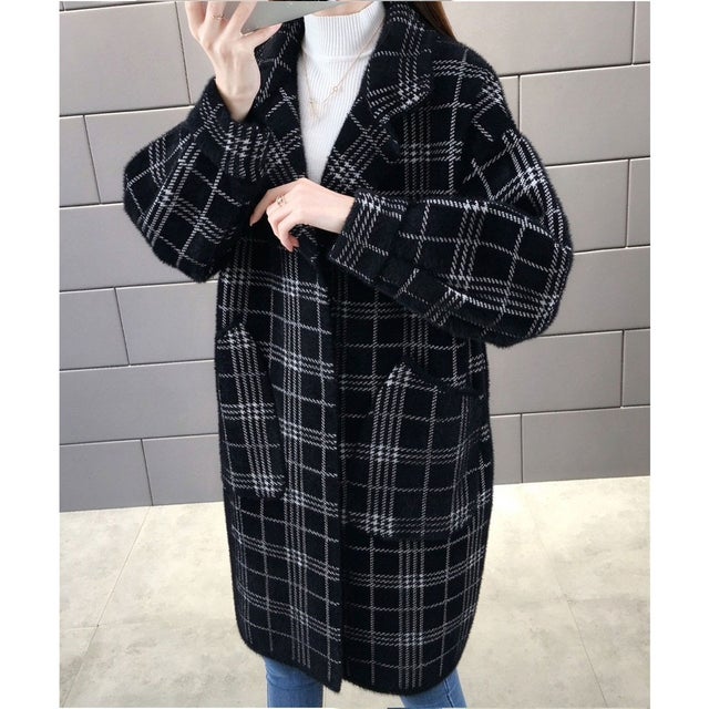 チェック柄シャギーロングチェスターコート （ブラック）