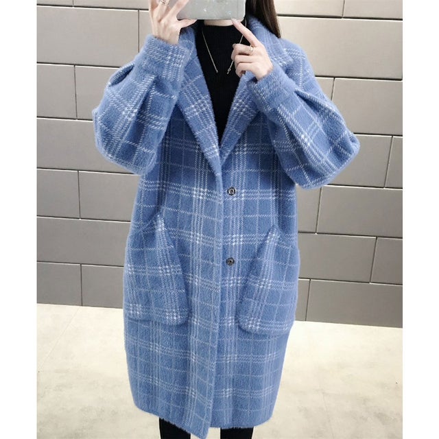 チェック柄シャギーロングチェスターコート （ブルー）