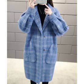 チェック柄シャギーロングチェスターコート （ブルー）