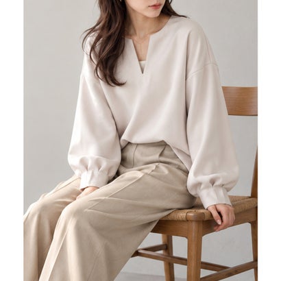 キーネックボリューム袖スウェットトップス （グレー）｜詳細画像