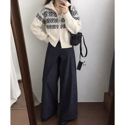 ミニミニストア miniministore ノルディック柄ダブルジップニットブルゾン （ネイビー）｜詳細画像