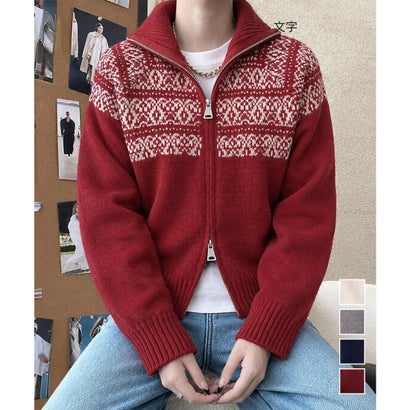 ミニミニストア miniministore ノルディック柄ダブルジップニットブルゾン （ネイビー）｜詳細画像