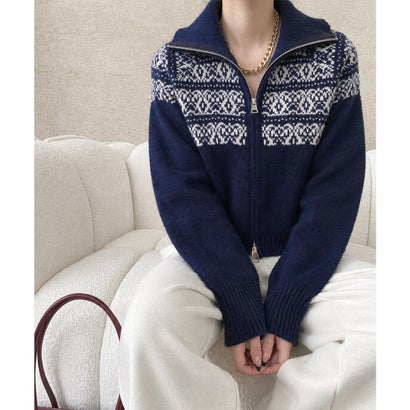 ノルディック柄ダブルジップニットブルゾン （ワインレッド）｜詳細画像