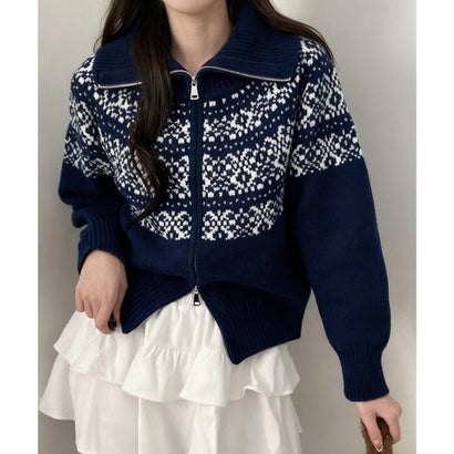 ノルディック柄ダブルジップニットブルゾン （ワインレッド）｜詳細画像