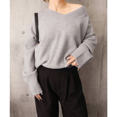 Vネックニットゆったりニットプルオーバー （イエロー）｜詳細画像