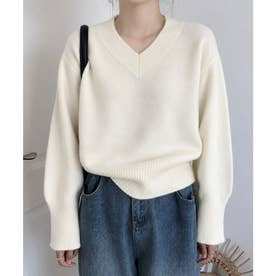 Vネックニットゆったりニットプルオーバー （アイボリー）