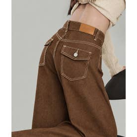 ワイドデニムパンツ ハイウエストジーンズ （ブラウン）