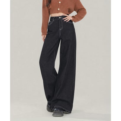 裏起毛ハイウエストワイドデニムパンツ秋冬 （ブラック）｜詳細画像
