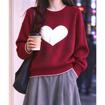 配色ハート柄ニットトップス クルーネック （レッド）｜詳細画像