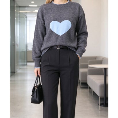 配色ハート柄ニットトップス クルーネック （アイボリー）｜詳細画像