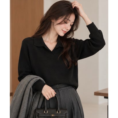 ポロ衿ニットトップス Vネック秋冬韓国風 （ピンク）｜詳細画像