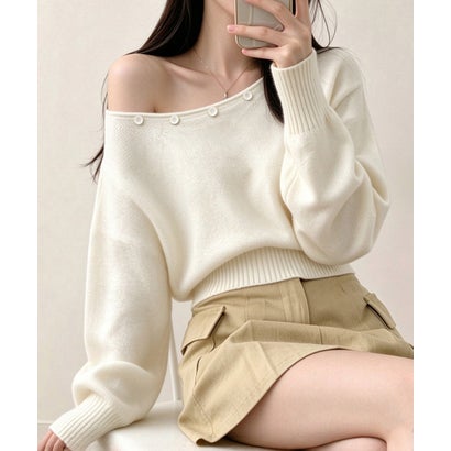 オフショルダー ニットトップス韓国風秋服 （ベージュ）｜詳細画像