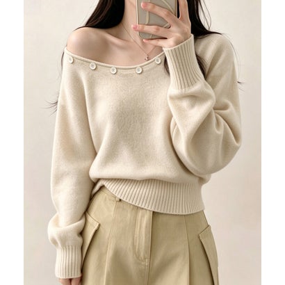 オフショルダー ニットトップス韓国風秋服 （ベージュ）｜詳細画像