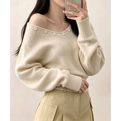 オフショルダー ニットトップス韓国風秋服 （ベージュ）｜詳細画像