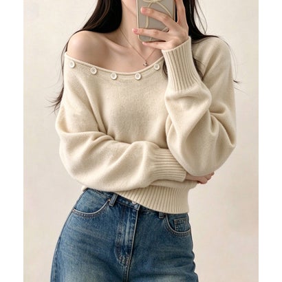 オフショルダー ニットトップス韓国風秋服 （ベージュ）｜詳細画像