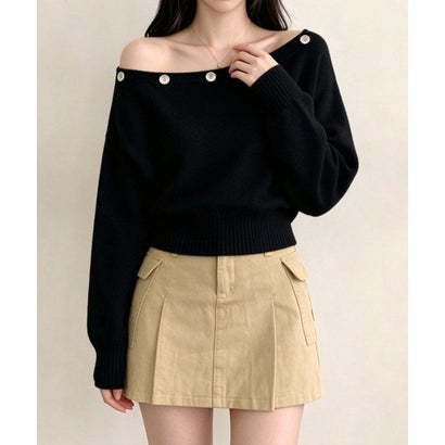 オフショルダー ニットトップス韓国風秋服 （ベージュ）｜詳細画像