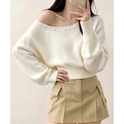 オフショルダー ニットトップス韓国風秋服 （ベージュ）｜詳細画像
