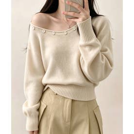オフショルダー ニットトップス韓国風秋服 （ベージュ）