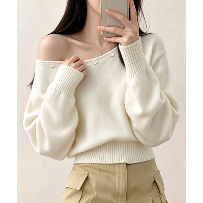 オフショルダー ニットトップス韓国風秋服 （アイボリー）｜詳細画像
