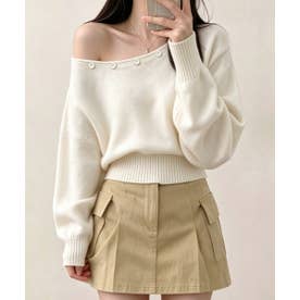 オフショルダー ニットトップス韓国風秋服 （アイボリー）