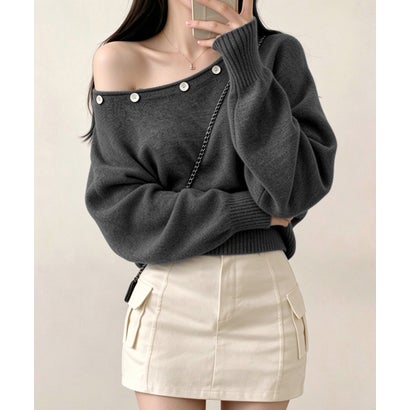 オフショルダー ニットトップス韓国風秋服 （ブラック）｜詳細画像