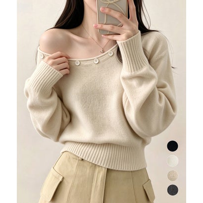 オフショルダー ニットトップス韓国風秋服 （ブラック）｜詳細画像