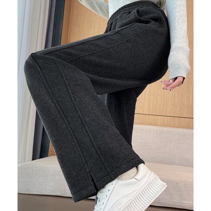 ヘリンボーン柄ストレートパンツ裾スリット （チャコールグレー）｜詳細画像