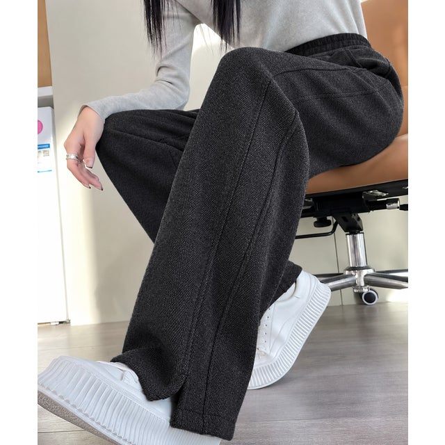 ヘリンボーン柄ストレートパンツ裾スリット （チャコールグレー）