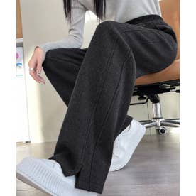 ヘリンボーン柄ストレートパンツ裾スリット （チャコールグレー）