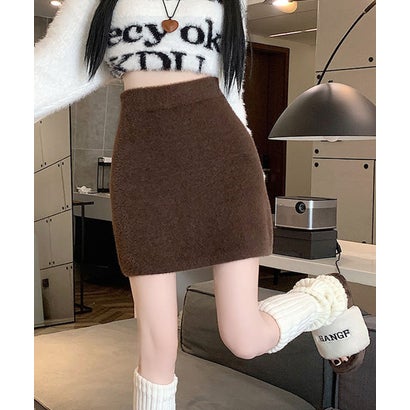 シャギーニットミニスカート ハイウエスト （ブラウン）｜詳細画像